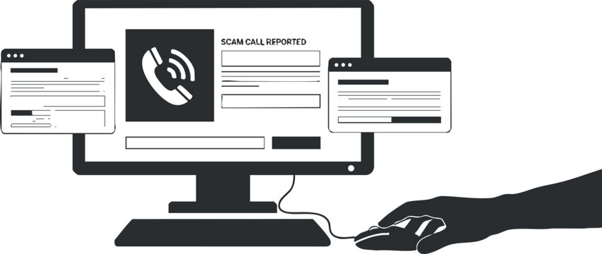 A computer screen displaying a scam call report with user hand interacting in black and white minimalist vector style, suitable for cybersecurity awareness and digital safety campaigns