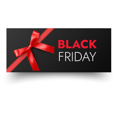 Black Friday Sale Banner with Realistic Red Gift Bow