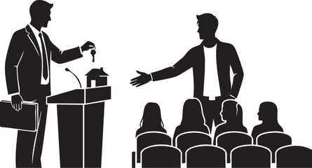 Silhouette of real estate agent handing over house key to buyer