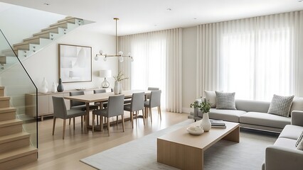 Contemporary interior showcases a spacious living and dining area with soft, neutral tones.