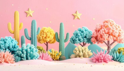 Whimsical Pastel Desert Landscape with Cartoon Cacti Coral and Star Accents in Soft Morning Light