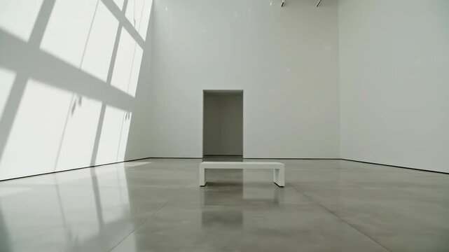 Slow cinematic pan across an immaculate, empty white gallery space with diffuse architectural sunlight and minimalist shadow play clean, high key, blank canvas