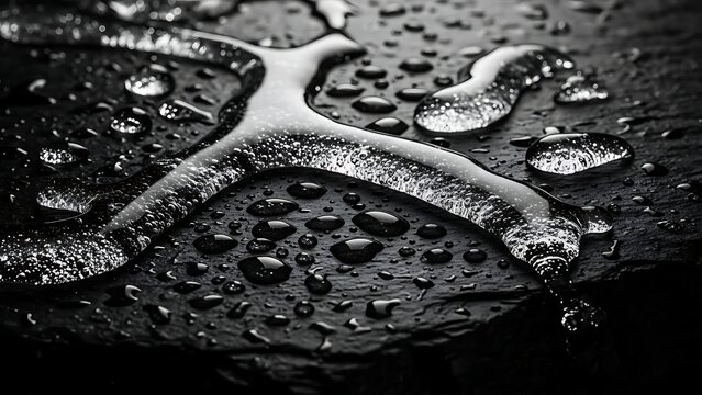 Macro shot of water droplets on a dark textured surface creating an abstract pattern.