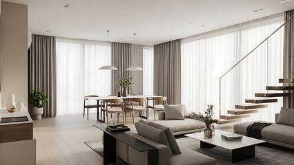 Bright and airy living space showcasing a modern open concept design with neutral color palette.