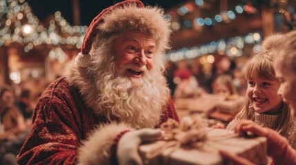 Obraz premium Festive santa claus giving gifts to children at joyful christmas market evening