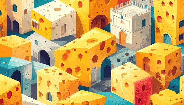 Whimsical pixel art cityscape resembling swiss cheese blocks with windows and doors in warm yellow and cool blue tones under bright daylight - Powered by Adobe