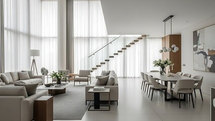 Bright and airy modern home interior showcases a minimalist design and open floor plan.