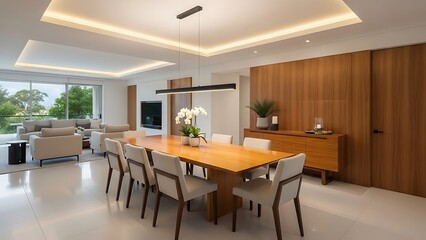 Elegant interior showcasing a modern dining area blending seamlessly with living space.