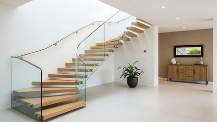 Minimalist home interior featuring a contemporary floating wooden staircase design.