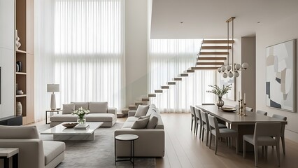 Bright and modern interior living space features neutral tones and minimalist d&eacute;cor elements.