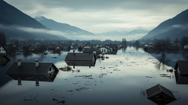 Flooded village landscape with mountains