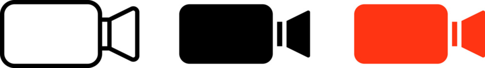 Three stylized icons of a video camera in different colors