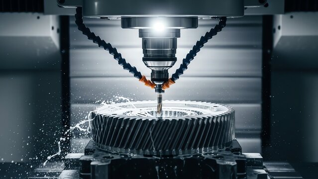 CNC machine milling gear with sparks - Powered by Adobe