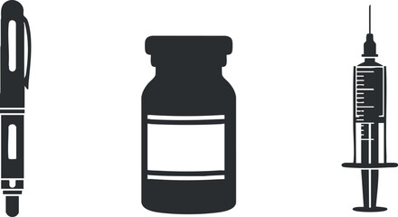 A collection of a syringe, medicine bottle, and pen in flat black vector style, suitable for healthcare graphics and medical illustrations