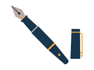 Illustration of a dark blue fountain pen with a gold accent and its cap