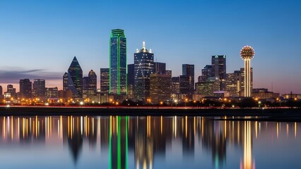 Obraz premium Dallas skyline at dusk reflecting on water