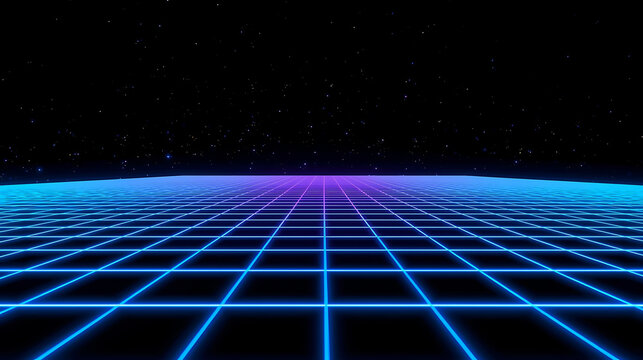 Retro style glowing grid perspective in blue and purple with starry sky backdrop - Powered by Adobe