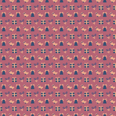 Christmas Pattern with Gifts, Bells, and Holly on a Pink Background