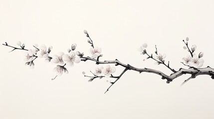 minimalist sumi-e ink painting single Japanese plum blossom branch, soft fading brush strokes, natural irregular branch shapes, delicate ume blossoms, minimal ink, clean textured paper background