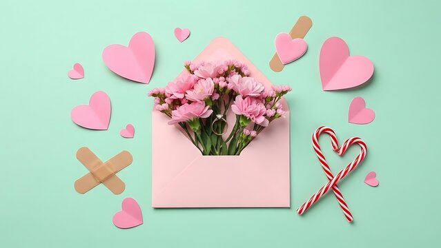 Pink envelope with flowers surrounded by hearts and candy canes - Powered by Adobe