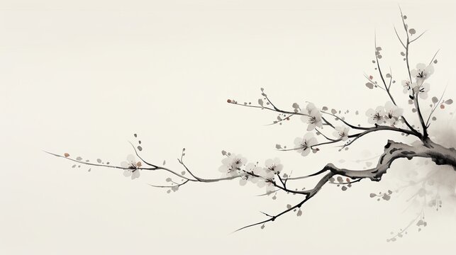 minimalist sumi-e ink painting single Japanese plum blossom branch, soft fading brush strokes, natural irregular branch shapes, delicate ume blossoms, minimal ink