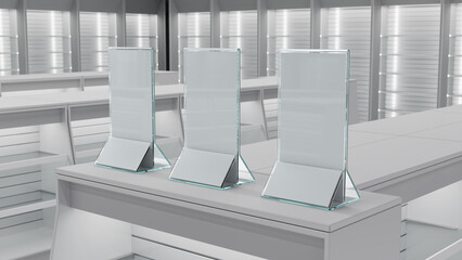 Close-up of blank acrylic price tag sign holders on the tabletop of white slatwall gondola shelving. 3d illustration © Wire_man
