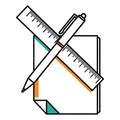 Simple line art icon of a pen and ruler crossed over a piece of paper