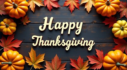 Artistic Thanksgiving greeting text with a variety of orange, green, and white pumpkins, decorative squash, and fall leaves spread across a dark rustic wooden surface, cinematic shadows
