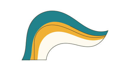 Abstract curved shape with layered teal, gold, and cream stripes