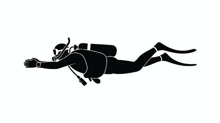 Fototapeta premium A black silhouette of a scuba diver swimming horizontally underwater against a white background.