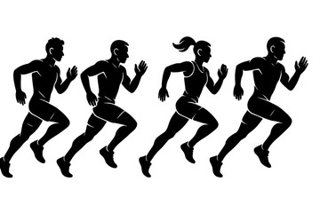 Four athletic runners sprinting together in a dynamic race competition silhouette