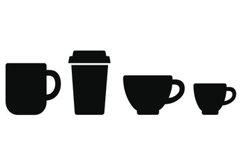Black silhouettes of various hot beverage cups including mug, travel tumbler, and espresso