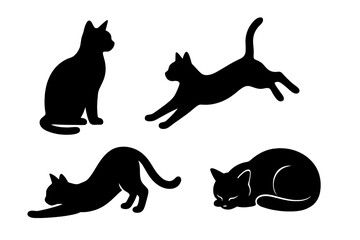 Stylized black silhouettes of domestic cats displaying sitting, jumping, stretching, and sleeping poses