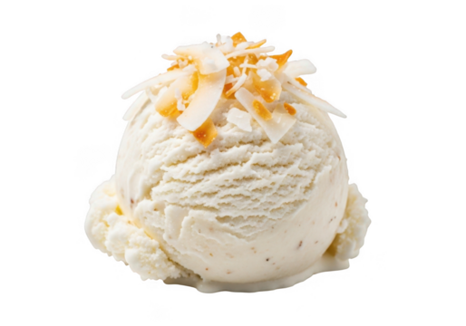 Scoop of vanilla ice cream with coconut flakes isolated on transparent background for dessert branding and food marketing