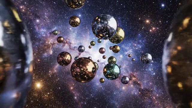 Slow motion abstract visualization of reflective metallic spheres effortlessly floating and gently colliding in a zero gravity deep space environment anti-gravity, clean, floating