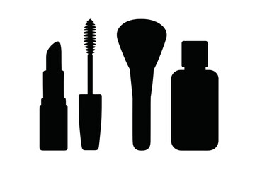 Silhouettes of essential beauty and cosmetic products: lipstick, mascara, and brush