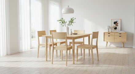 Fototapeta premium Modern Minimalist Dining Room with Wooden Furniture and Bright Natural Light.