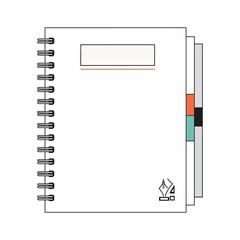 Simple illustration of a spiral bound notebook or journal with blank cover and colored divider tabs