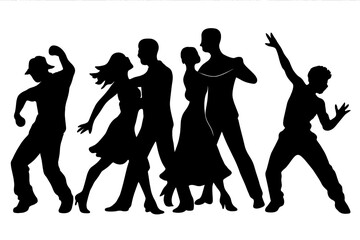 Dynamic black silhouettes of couples and solo dancers performing