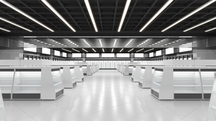 Interior of a large store with white slatwall gondola shelving rows, slatwall cabinets against the wall and wall banners. 3d illustration © Wire_man