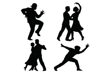 Four black silhouettes showing dynamic dancing couples and solo performers