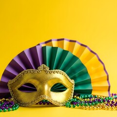 Mardi gras mask and beads with purple green yellow fans on yellow background