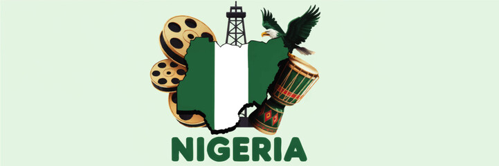 Nigeria culture illustration with map flag eagle drum film reels and oil rig on light green background for independence and heritage design