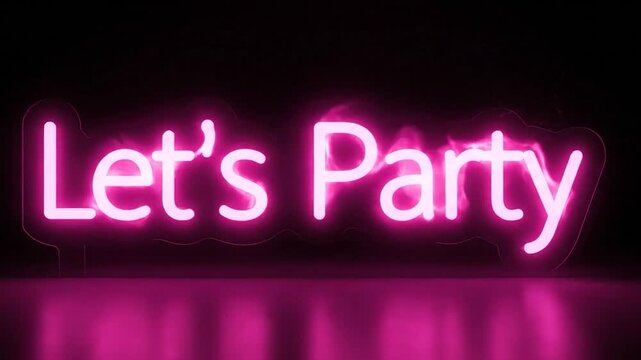 Glowing neon sign displaying "Let's Party" in pink, reflected on a shiny surface