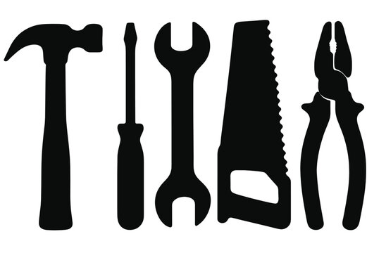 Essential household and professional maintenance tools set in black silhouette