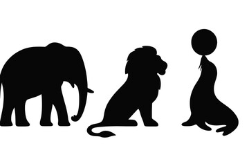 Black silhouettes of an elephant, a sitting lion, and a playful seal balancing a ball