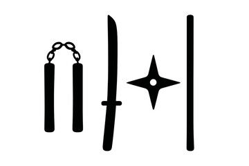 Traditional Japanese martial arts weapons set with sword, nunchaku, and shuriken silhouettes
