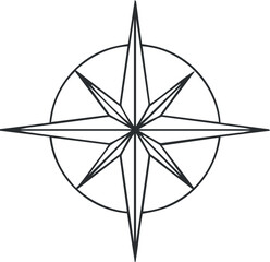 Obraz premium A detailed compass rose design in black and white outline vector style, ideal for navigation-themed projects and maps