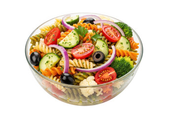 Fresh pasta salad with vegetables isolated on transparent background for healthy eating, food blogs and menus