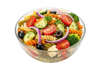 Fresh pasta salad with vegetables isolated on transparent background for healthy eating, food blogs and menus